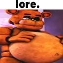 An animatronic bear with a distorted, deep-fried filter holds its large belly with the text lore above it.