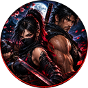 A male and female warrior standing back-to-back with swords drawn under a full moon.