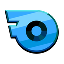 A stylized blue circular emblem with a sharp wing-like protrusion on the left side.