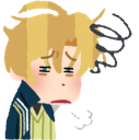 A blonde anime boy with a weary expression and a sighing cloud effect.