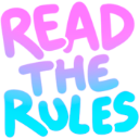 Text reading READ THE RULES in a bold font with a pink to blue gradient.