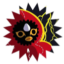 A stylized black character with a white teardrop shape on its forehead, framed by a red spiky sunburst and yellow lightning …