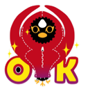 A stylized red creature with yellow letters O and K on either side, decorated with small yellow stars.