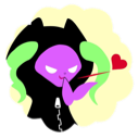 A purple creature with green horns and a black hoodie blows a small red heart.