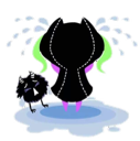 A character in a black cloak standing with their back turned, crying a large blue puddle of tears with a small furry creatur…