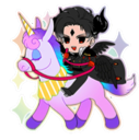 A dark-haired chibi character with small wings riding a purple and pink magical unicorn.