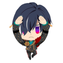A chibi anime boy with dark hair and purple eyes holding his head with both hands in a gesture of frustration.