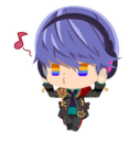 A chibi anime boy with purple hair wearing headphones and smiling while a musical note floats nearby.