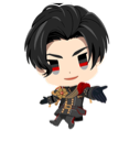 Chibi anime boy with black hair and red eyes making a welcoming hand gesture.