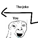 Wojak character with a blank expression and an arrow pointing over his head labeled The Joke.