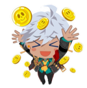A chibi character with white hair and a green jacket laughing with eyes closed while golden coins fall around them.