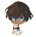 Chibi character with dark hair and blue eyes looking forward with a gentle expression.