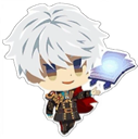 A chibi anime character with white hair and a smug expression holds a glowing blue book.