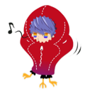 A stylized anime character in a large red hoodie swaying with musical notes floating nearby.