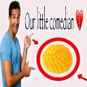 A man in a blue shirt points his fingers toward a yellow circle next to the text Our little comedian and a red heart.