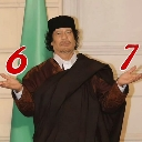 Muammar Gaddafi shrugging with a red number 6 on his left and a red number 7 on his right.