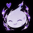 A round, happy spirit with a small heart above its head, surrounded by swirling purple magical flames.