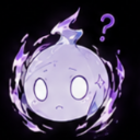 A round, light purple ghost with a confused expression and a question mark floating above its head, surrounded by a purple a…