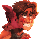 A person wearing a red fox mask with a terrified, panicked expression on their face.