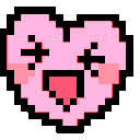 Two pink pixelated hearts with wide smiles and X-shaped eyes vibrating with excitement.