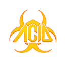 Biohazard symbol glowing with orange and yellow flames containing the text ACID.