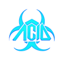 Biohazard symbol glowing in electric blue with bold text in the center.