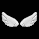 White stylized wings spread out against a black background.