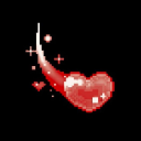 A red pixelated heart with a glowing trail and sparkles on a black background.