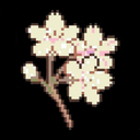 A small branch with three white and pink pixel art flowers against a black background.