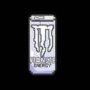 A pixelated white energy drink can with a black logo on a black background.
