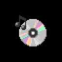 A silver compact disc with rainbow reflections and two musical notes floating above it.