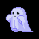 A small purple ghost with a shy and sad expression rendered in pixel art style.