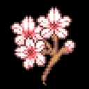 Cherry blossom branch with pink flowers and brown wood in pixel art style.