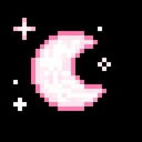 A pink crescent moon surrounded by small white pixelated stars against a black background.