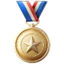 Gold medal with a star in the center hanging from a red, white, and blue ribbon.