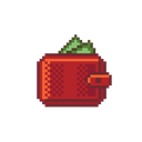 A red pixel art wallet with green paper money sticking out of the top.