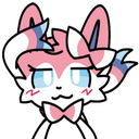 A pink and white creature with blue eyes and a bow looking sideways with a suspicious expression.