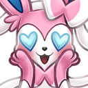 Sylveon with glowing blue heart-shaped eyes and a happy expression holding its face with its paws.
