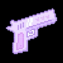 A small, purple pixel art handgun shown from a side profile.