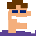 A pixelated human face with brown hair and blue eyes looking forward with a blank expression.