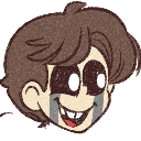 Cartoon boy head with large hollow black eyes and a wide, mischievous toothy grin.