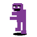 A purple pixelated figure with glowing white eyes walking in a sneaky, hunched posture.