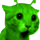 A neon green cat with antennae looking shocked with wide eyes and an open mouth.