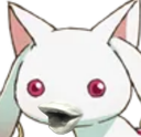 A white cat-like creature with red eyes and an open, wide-mouthed expression of excitement.