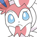 Sylveon looking confused and skeptical with its paw near its mouth.