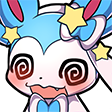 A cartoon creature with blue ears and yellow stars has swirling red spiral eyes and a mischievous grin.