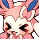 Sylveon with a blushing face and a mischievous, closed-eye grin.