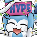 A blue and white creature with a happy expression holds a pink sign that says HYPE while confetti falls around it.