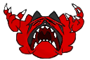 A red monster with a wide-open mouth showing sharp teeth and screaming in anger.