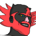 A stylized man with red hair and a dark face wearing a wide, smug, toothy grin.